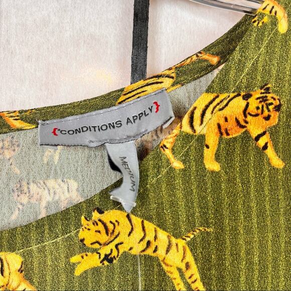 Anthropologie Conditions Apply Olive Green Tiger Print Ruffle Sleeve Dress - Picture 4 of 15